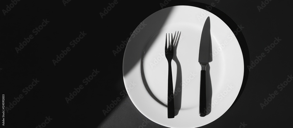 Poster monochrome setting featuring a knife and fork elegantly placed on a round plate with dramatic lighti