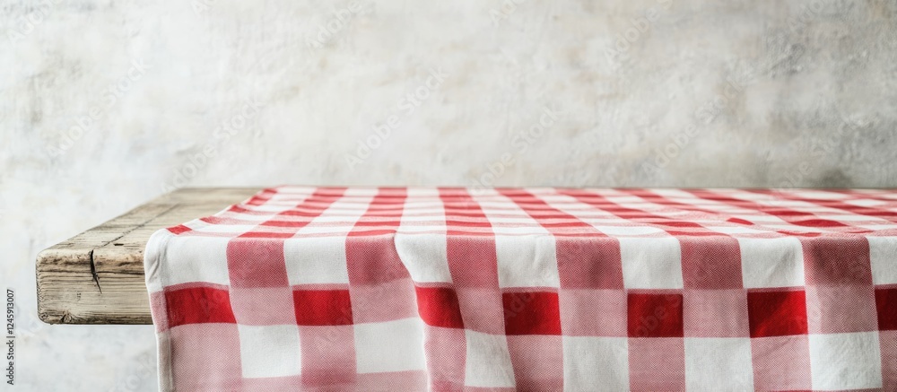 Poster red and white checkered tablecloth draped over rustic wooden table against textured white background