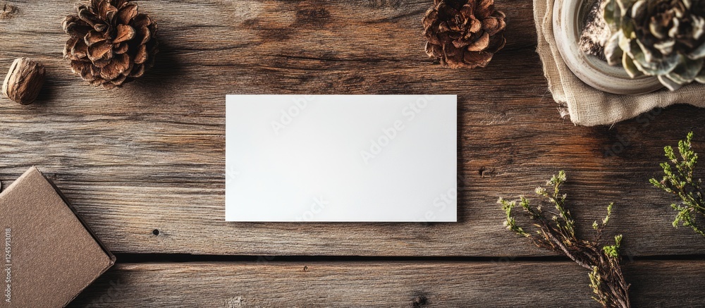Aufkleber blank business card mockup on rustic wood surface with natural decor elements for branding and creat