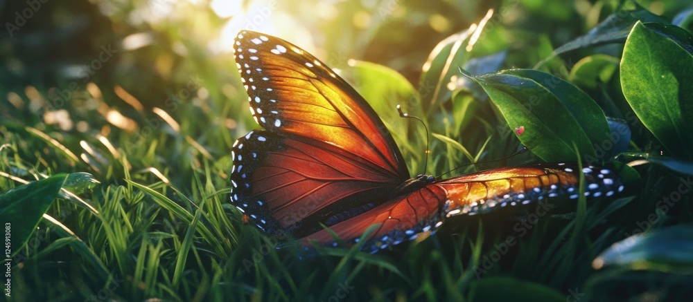 Poster colorful butterfly resting on lush green grass illuminated by soft sunlight in a tranquil natural se