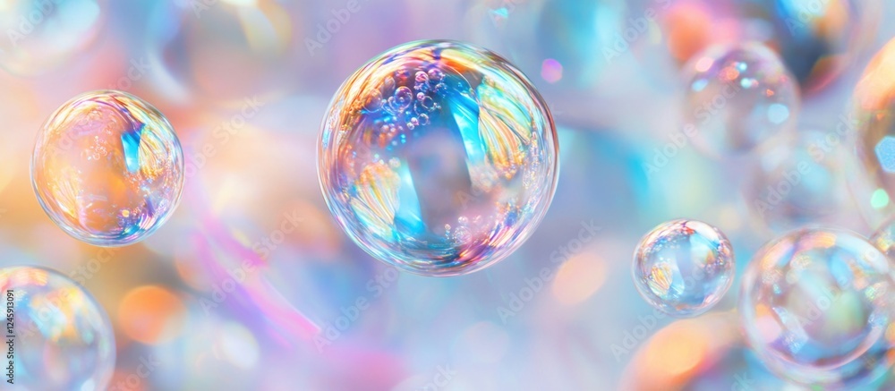 Fototapete Colorful abstract bokeh effect with bubbles and holographic foil in a naturally defocused background creating a dreamy visual texture.