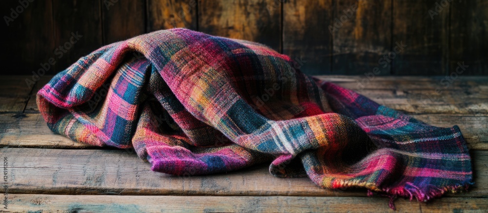 Poster checkered blanket draped gracefully over rustic wooden surface creating a cozy and inviting atmosphe