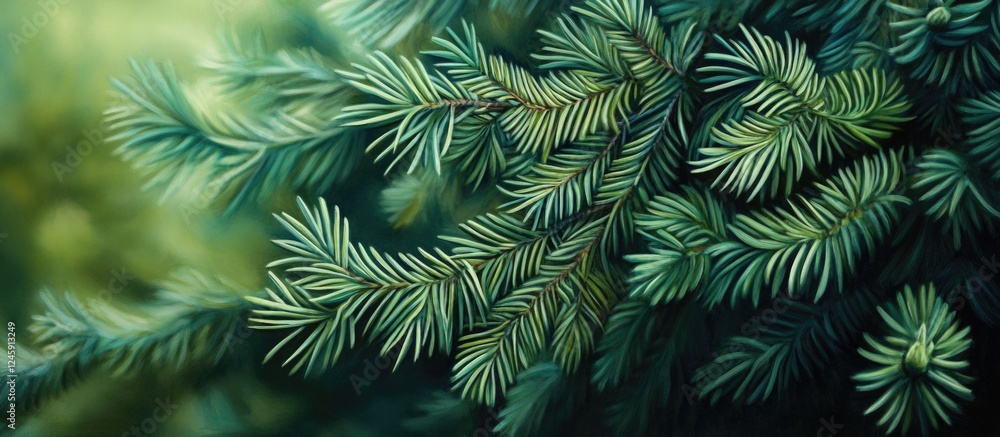 Poster Lush green pine branches with intricate needle patterns set against a soft blurred background for a tranquil nature scene.