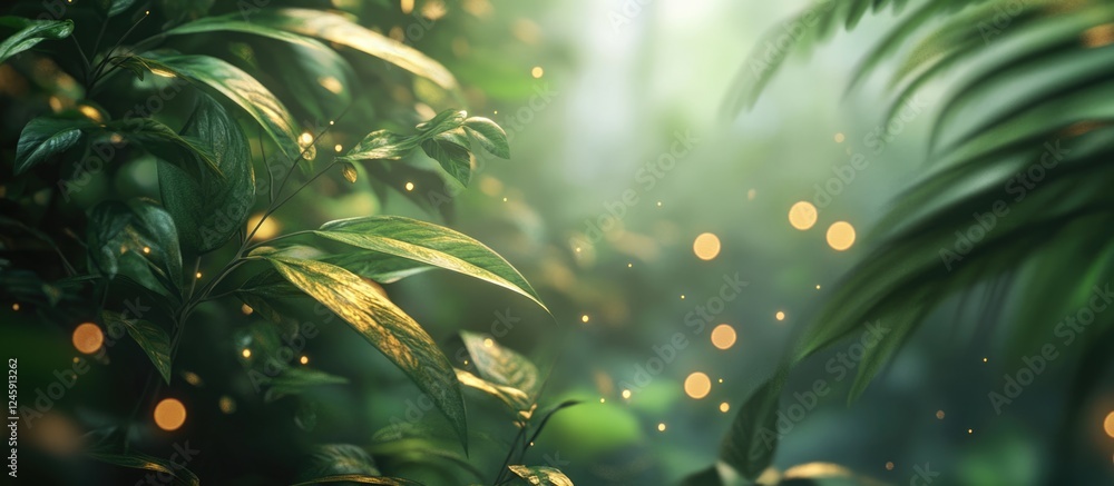 Poster lush green foliage with soft bokeh effect and golden sunlight reflections creating a tranquil and en