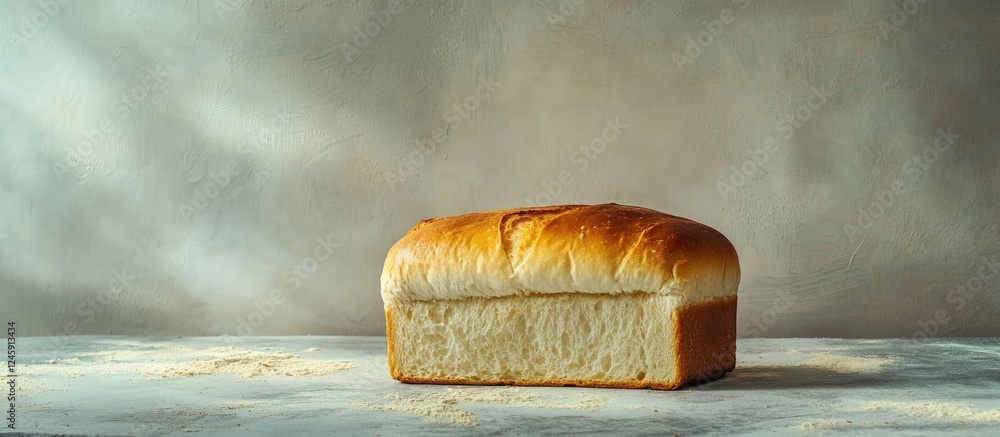 Poster freshly baked loaf of bread on a soft gray textured background highlighting its golden crust and flu