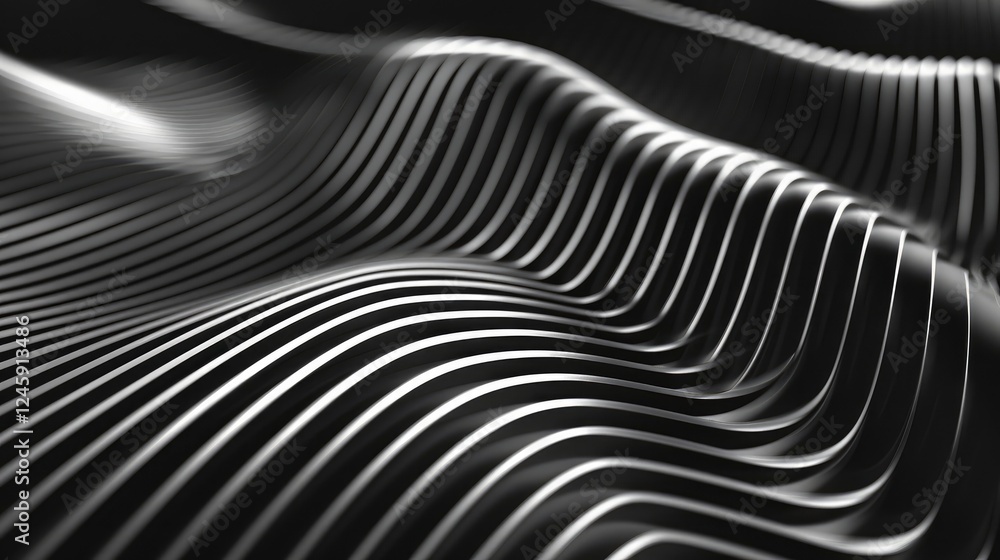Poster 3d rendering of abstract waves in black and white colors with blurred reflection