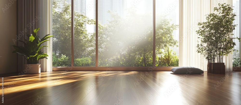 Poster sunlit interior with brown wooden floor reflecting light and lush greenery through large windows cre