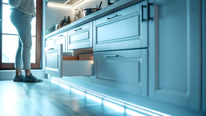 Elegant Kitchen Design: Recessed Lighting, Stylish Cabinets, and LED Under-Cabinet Lights for a Cozy Atmosphere - Perfect Photo Stock Concept with Space for Customization