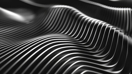 3d rendering of abstract waves in black and white colors with blurred reflection