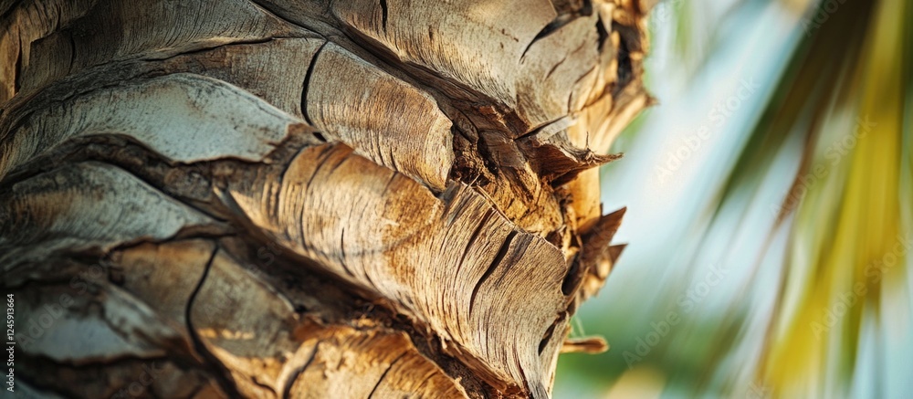 Poster Close-up view of the lower section of a palm tree trunk showcasing textured bark after removal of dried fronds and branches.
