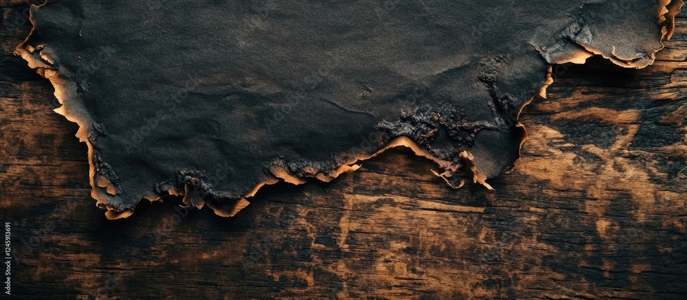 Poster Burnt paper edge on a rustic wooden background showcasing texture and contrast for artistic or design use
