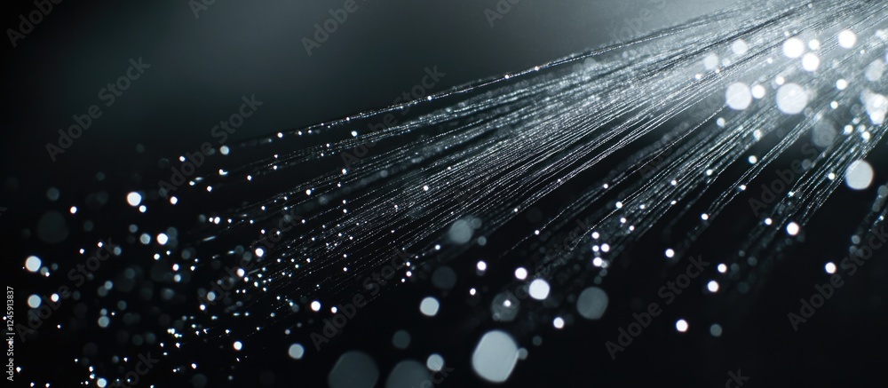 Poster black abstract background featuring sparkling fibers with a spacious area for text placement and cre