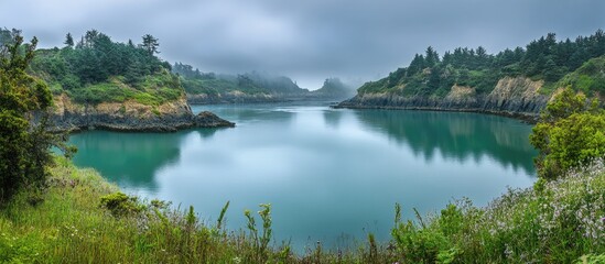 Chapman Cove Reflecting PNW Misty Landscape with Lush Greenery and Tranquil Waters