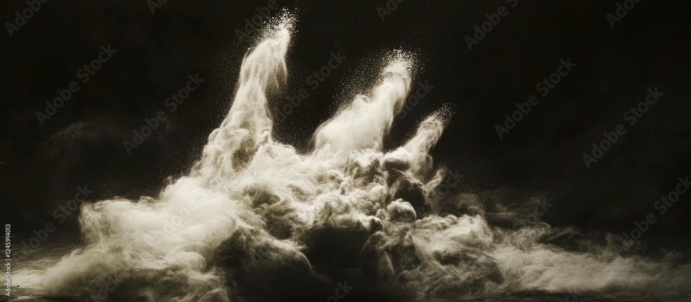 Poster dramatic white powder explosion creating intricate shapes against a deep black background with dynam