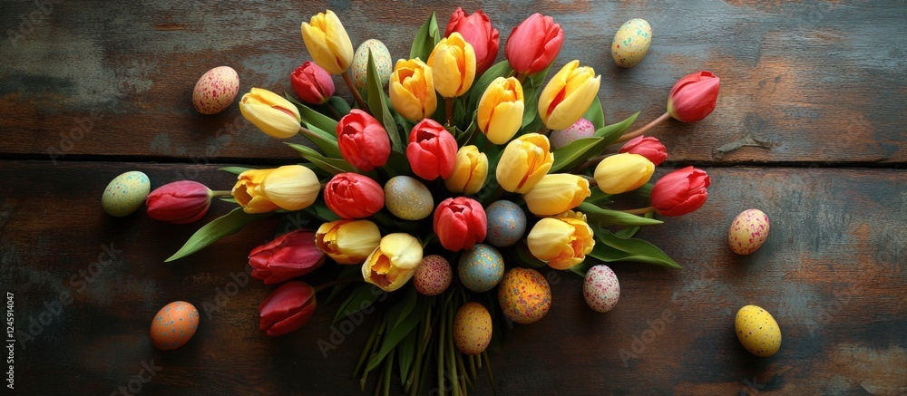 Poster vibrant bouquet of yellow and red tulips with colorful easter eggs on rustic wooden background for f