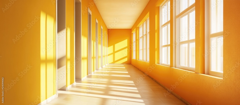 Poster Sunlit corridor with yellow walls and ample windows creating a bright atmosphere ideal for text overlay or promotional material