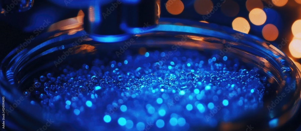 Poster blue neon droplets observed under a microscope on a glass surface illuminated by bokeh lights creati