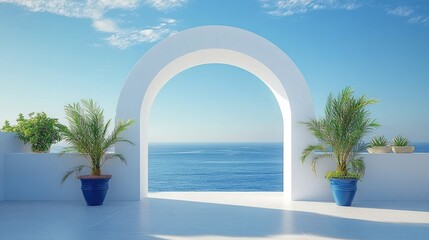 Minimalist Coastal Archway Leading to Calm Sea with Potted Plants and Expansive Sky