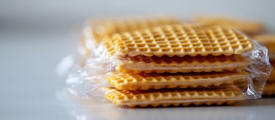 Cheese flavored wafers individually wrapped in silver plastic packaging stacked on a white surface close-up view