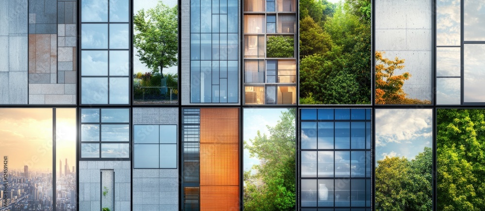 Poster modern architectural windows showcasing reflections of nature and urban elements in a stylish buildi