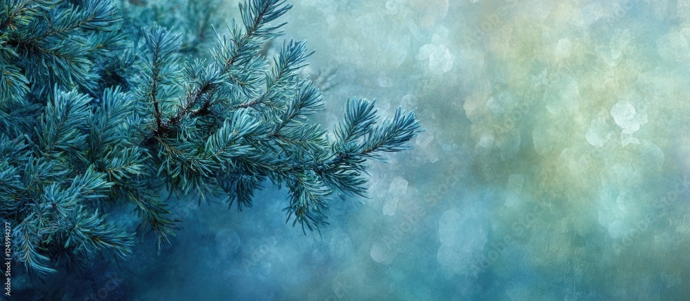 Poster blue spruce branch in multiple exposure with a blurred textured background showcasing natural beauty