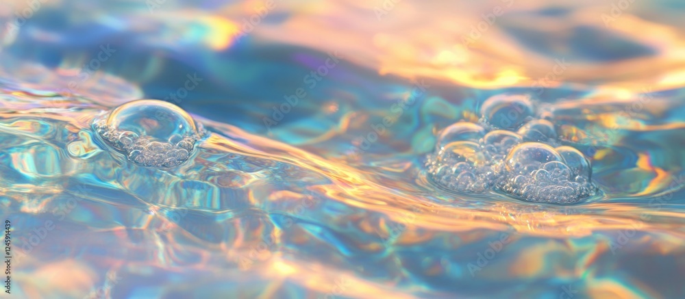 Poster Close-up of luminous bubbles floating in water with an iridescent blue background creating a serene and tranquil atmosphere.