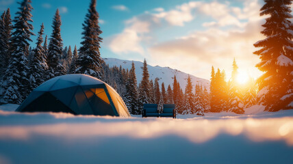 cozy camping scene in snow covered forest at sunset, featuring geodesic dome tent and pair of chairs. warm glow of sun contrasts beautifully with cool tones of snow