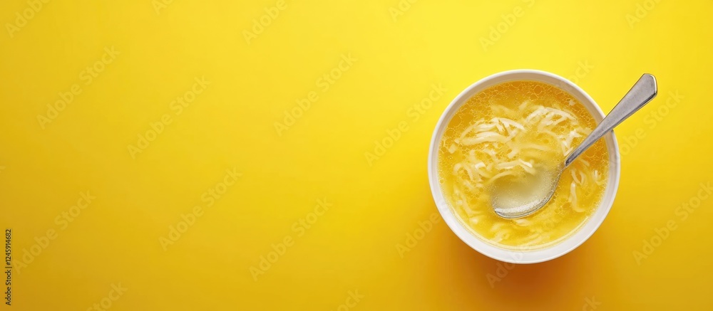 Poster bowl of chicken noodle soup on bright yellow background with spoon and empty space for adding promot
