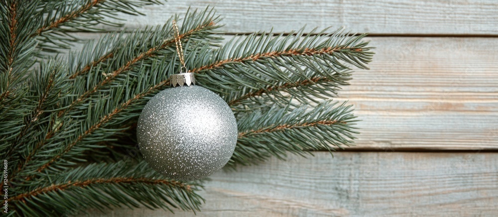 Poster christmas tree branch adorned with silver ornament resting on rustic wooden background creating a fe