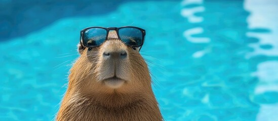 Capybara relaxing by a swimming pool in sunglasses with clear blue water and ample space for text or branding elements.