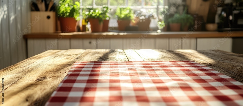 Poster rustic wooden table with checkered tablecloth and greenery in bright sunlit kitchen setting