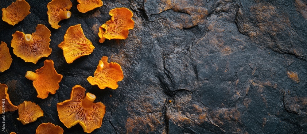 Poster chanterelle mushrooms scattered on a dark textured stone background creating a rich and earthy compo