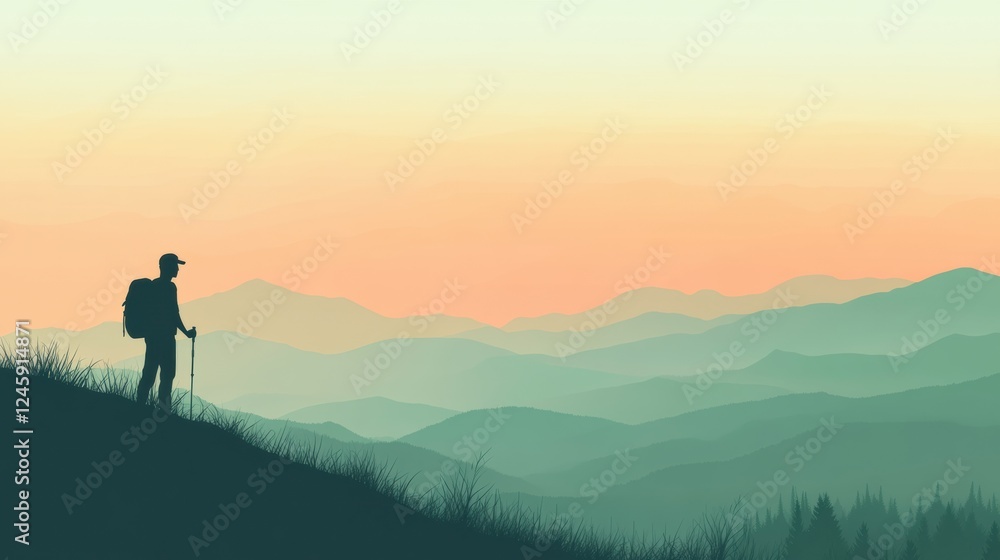 Aufkleber Silhouette of a hiker on a mountain ridge at sunset with space for text. Generative AI
