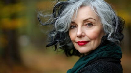 Naklejka premium Elegant Mature Woman with Gray Hair in Nature Portrait