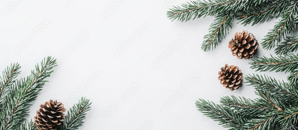 Poster christmas tree branch and pine cones on white background for winter festive designs web banners and 