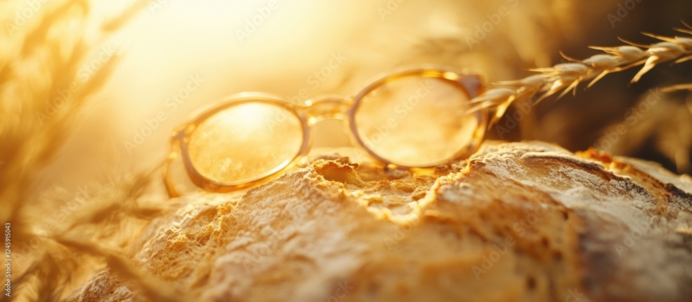 Poster golden spectacles resting on a rustic bread loaf with wheat, capturing the essence of warmth and org