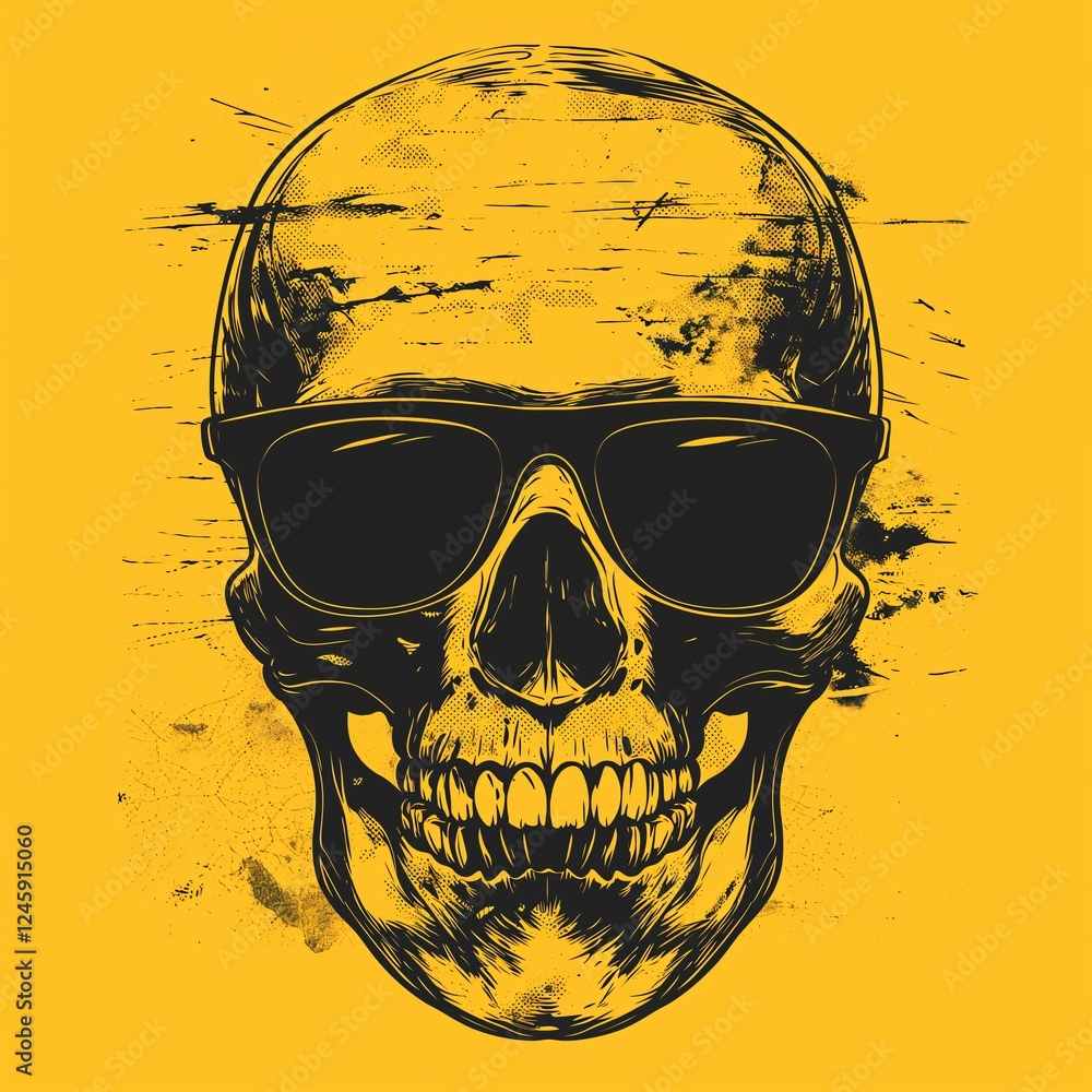 Poster skull wearing sunglasses on bright yellow background with textured elements for a bold design statem