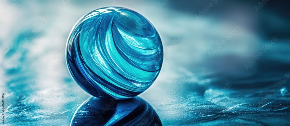 Poster translucent blue marble reflecting on a smooth surface with artistic lighting and swirling patterns 