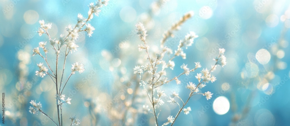 Poster bokeh effect of delicate white flowers against a soft blue background creating a serene and dreamy a