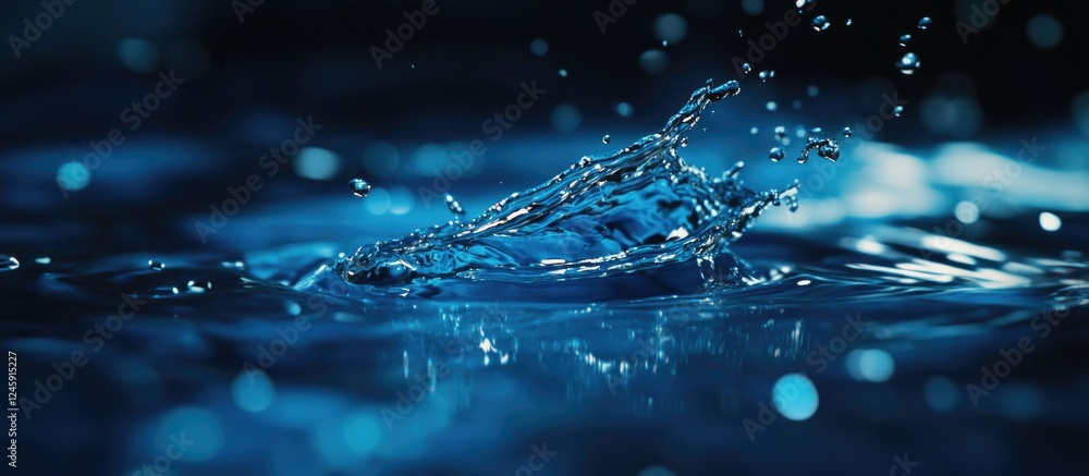 Poster blue water droplet splash creating ripples with shimmering reflections in an abstract aquatic settin