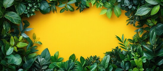Vibrant border of lush green plants framing a bright yellow background perfect for summertime text or graphic overlay space.