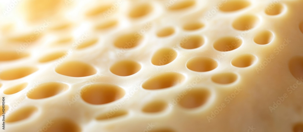 Poster emmental cheese texture close-up with distinct holes and patterns ideal for food advertising and pro