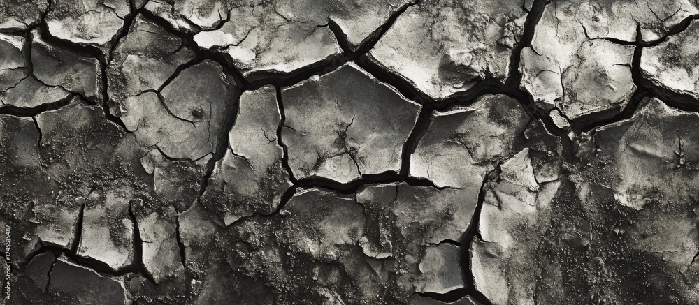 Aufkleber dried cracked soil texture in black and white showcasing arid conditions and unique patterns for bac