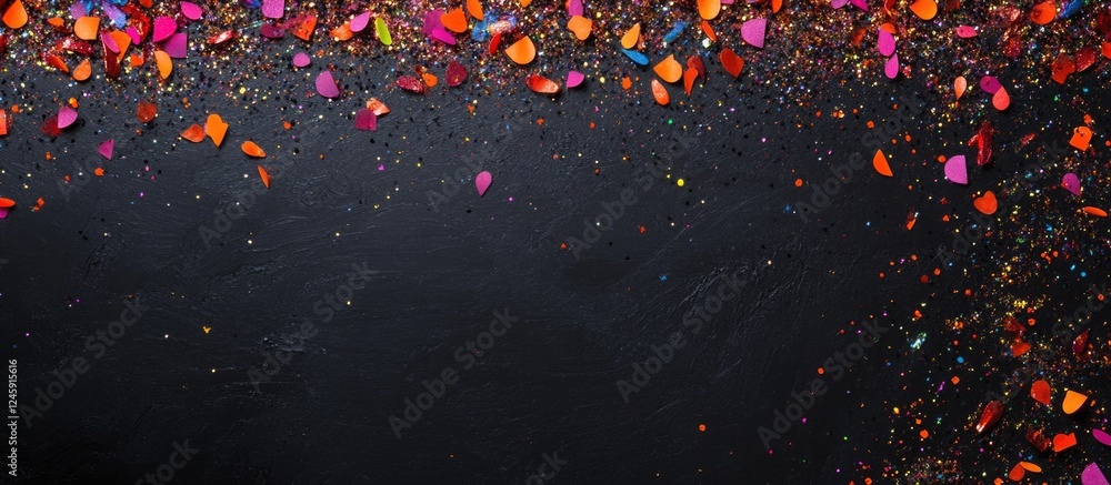 Poster colorful glitter confetti on a black background creating a festive atmosphere with ample empty space