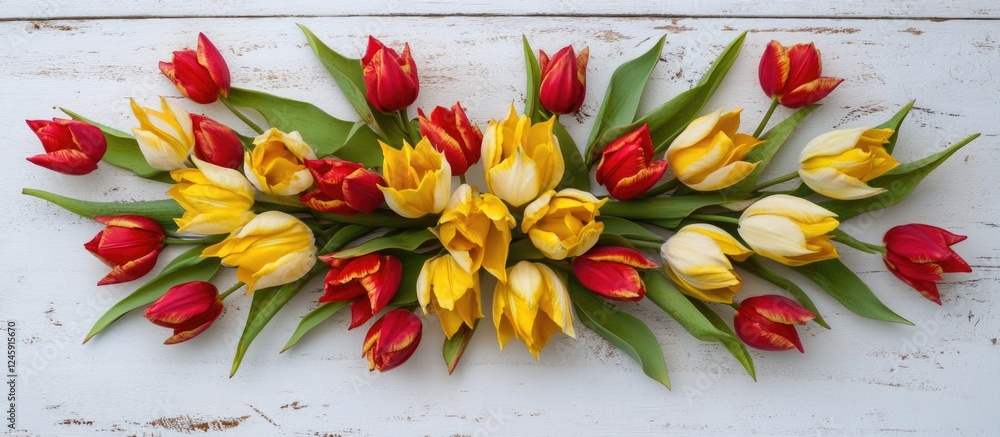 Poster vibrant bouquet of yellow and red tulips arranged on a white wooden surface with ample copy space fo