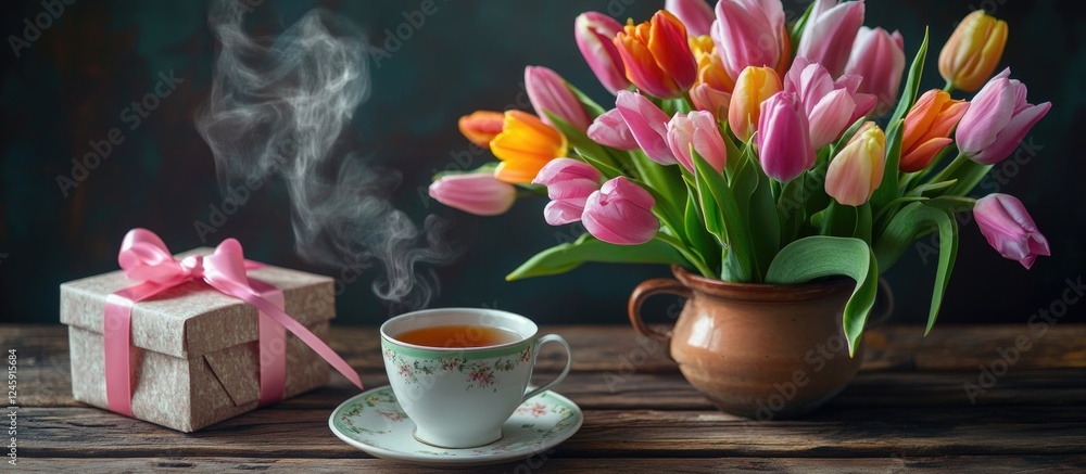 Poster spring tulips in a gift box with a steaming cup of tea on a rustic wooden table creating a cozy flor