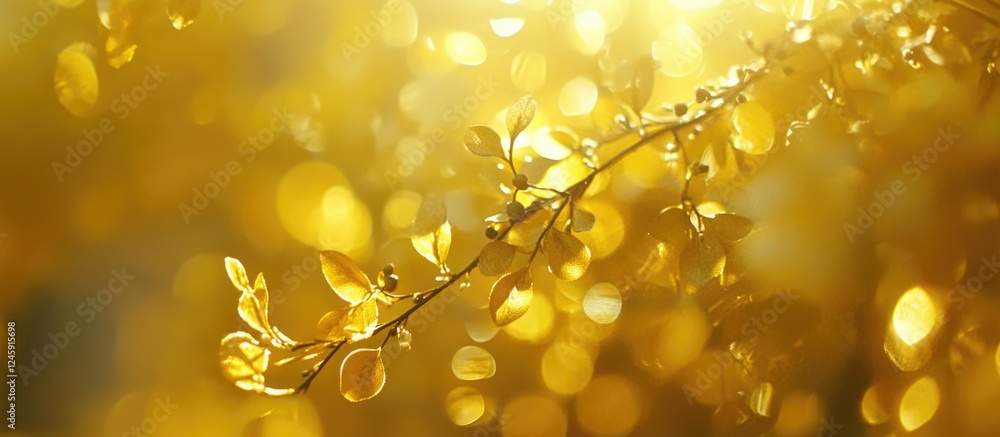 Poster golden bokeh effect with shimmering leaves on a bright yellow background for abstract or nature them