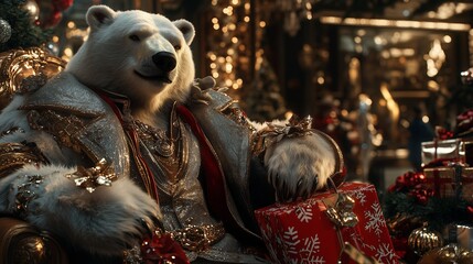 A collection of ultra-detailed 8K renders depicting anthropomorphic polar bears in opulent winter fashion. These majestic figures exude sophistication as they indulge in high-end shopping and celebrat