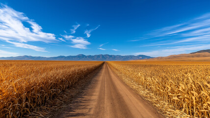Fototapeta premium scenic dirt road stretches through golden cornfield under bright blue sky, leading towards distant mountains. landscape evokes sense of tranquility and rural beauty