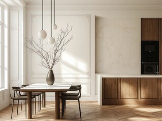 Elegant Dining Area Kitchen Modern Design Natural Light Pendant Lights Wood Molding Artistic Decor